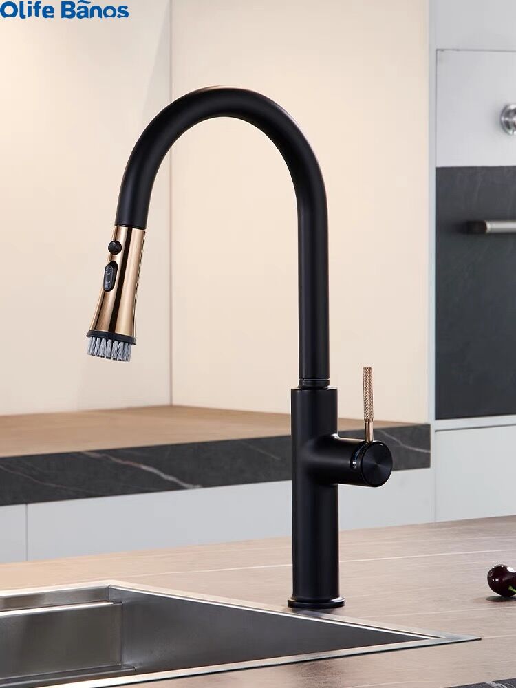 2023 Kitchen pull-out telescopic faucet hot and cold water tank mixing valve black gold kitchen faucet with broom head details