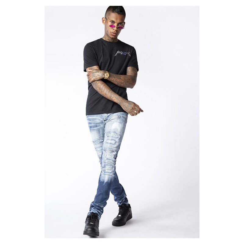 DiZNEW OEDM/ODM rhinestone men jeans dark blue men ripped  jeans details