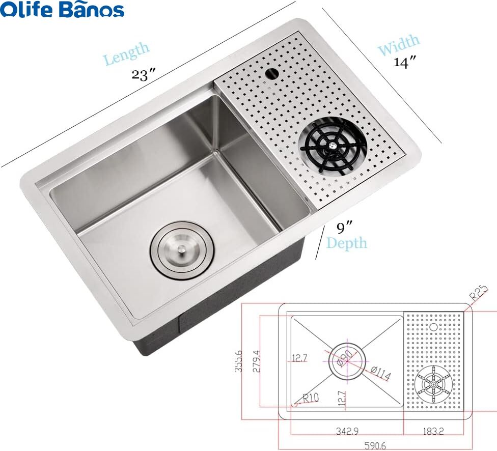 23x14 Brushed Silver  304 Stainless Steel Under Mount Workstation Sink Bar Prep Sink 16 Gauge Single Bowl with Cup Washer details