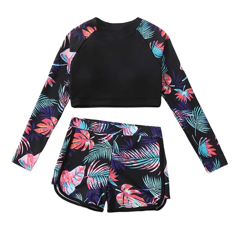 Bright Floral Print Rash Guard Bathing Suits For Kids details