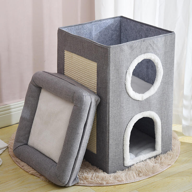 New Arrival Three floors Foldable Luxury Cottages Modern Window Plush Mat Cat Bed Cave With Sisal Hemp Scratching Mat details