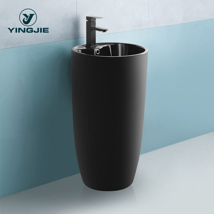 factory Black Ceramic Lavabo Bathroom Sink Black  Wash Basin FreeStanding Pedestal Basin