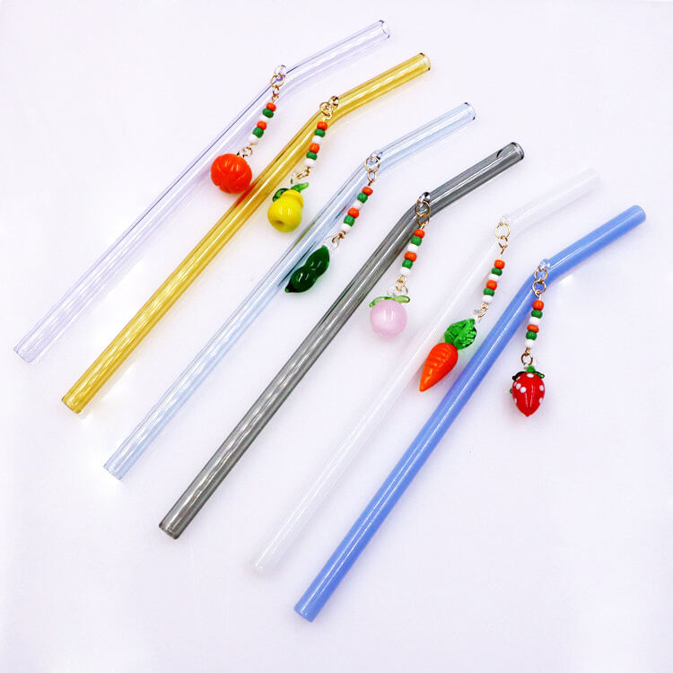 Eco Friendly Reusable Borosilicate Pink Glass Straw With Charm reusable glass straw factory