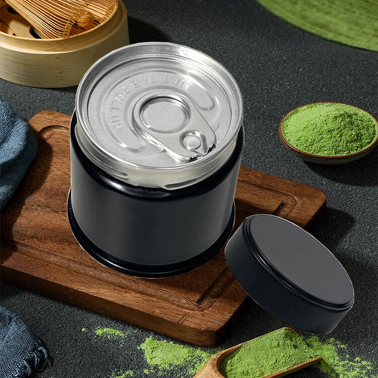 Wholesale black round welding  matcha tin tea white silver aluminum jar 30g easy open ring pull matcha tin can factory