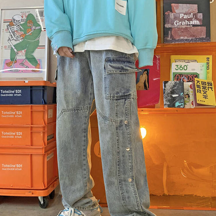 Men's Denim Pants Light Washed Baggy Custom print details