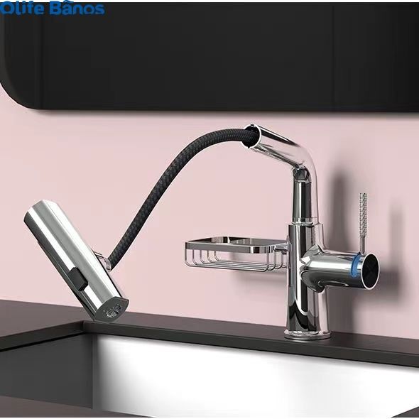 Hot Selling Cream White Color Pull Out Rotatable Faucet Brass Bathroom Faucet rainfall Basin Faucet With Soap Basket manufacture