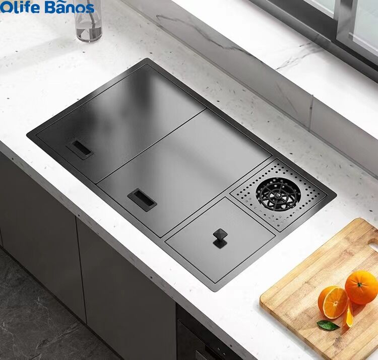 Tiktok trend sink stainless steel 304 black kitchen household hidden single sink with cup washer  trash can supplier