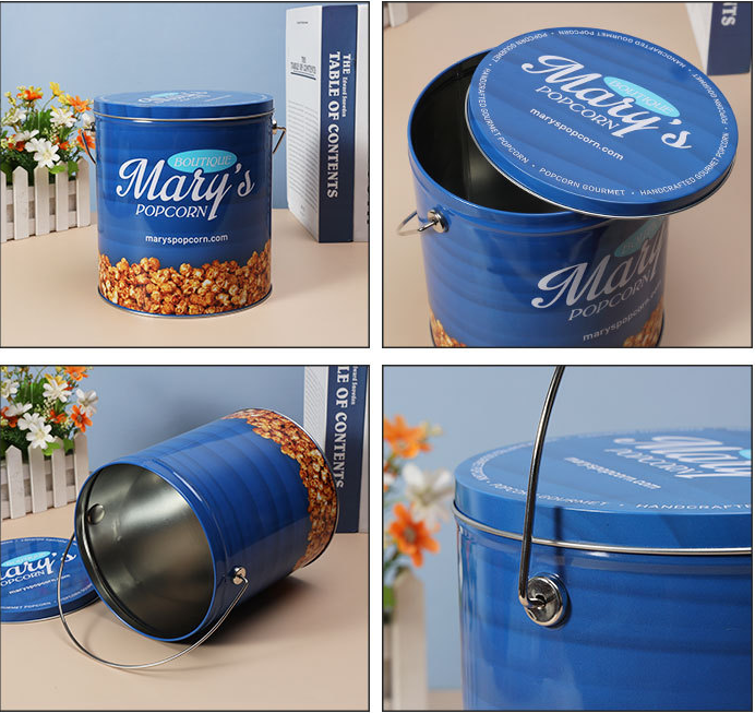 Christmas Gift Metal  Food Popcorn Bucket Tin Containers Handle Bucket Tin Can For Popcorn Packaging manufacture