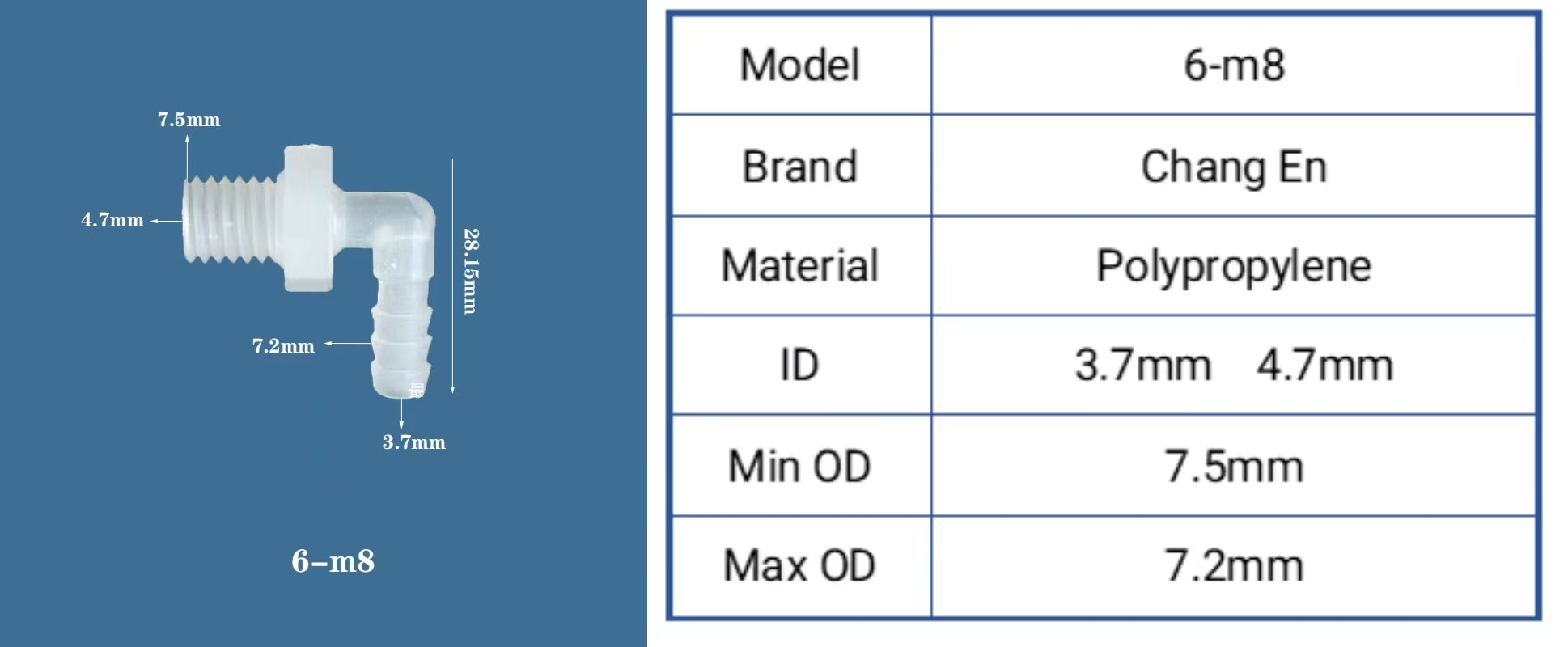 PP Plastic 6-m8 Thread and 8-m8 Threaded M Screw Elbow for Hose Connector Pipe Fittings details