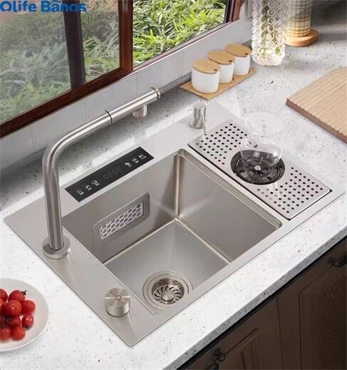 ultrasonic dual catalyst purification sink single bowl handmade 304 stainless steel hidden kitchen sink with glass rinser factory