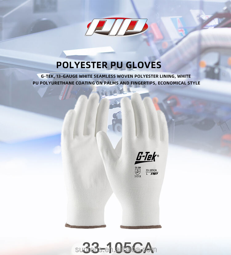 PU material durable for use 33-105 High quality white continuous woven protective gloves manufacture