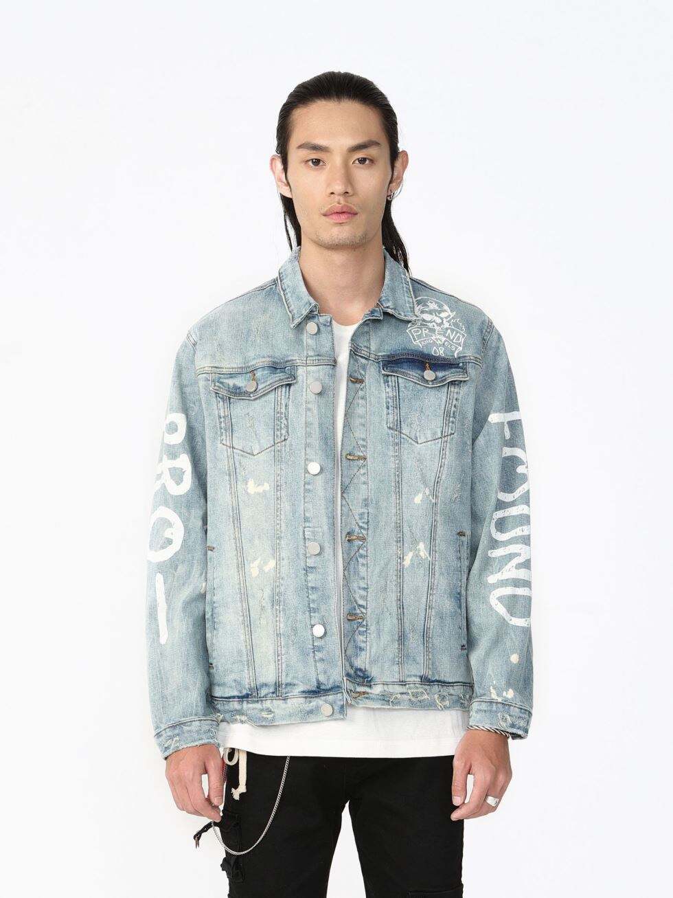 DiZNEW high quality damaged blue screen print fashion denim jacket factory