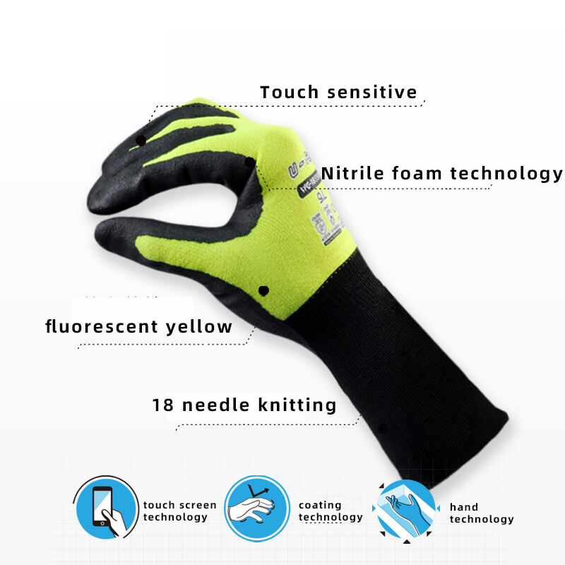 WG-1855HY U-Feel nitrile foam work gloves polyester spandex nitrile rubber fluorescent yellow touch screen work gloves details