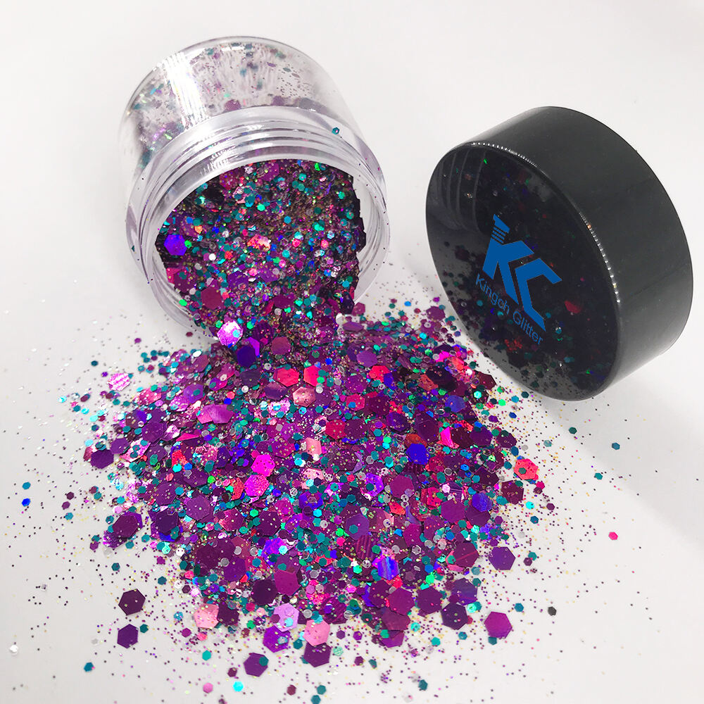 Solvent Resistant Violet Holographic Chunky Glitter Large 10G Jar for Festival Face Eye Body Leather Crafts supplier