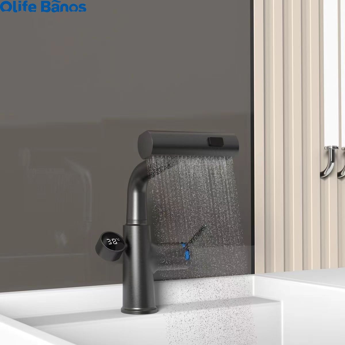 Olifebanos Gun Gray White Digital Display Pull Out Waterfall Rain Fall  Faucet 3 Functions Desk Basin Mixer Tap Faucet