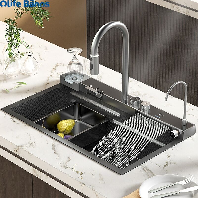 Olife Banos Kitchen Sink with Waterfall Faucet Stainless Steel Large Single Slot Bionic Honeycomb Black Wash Basin