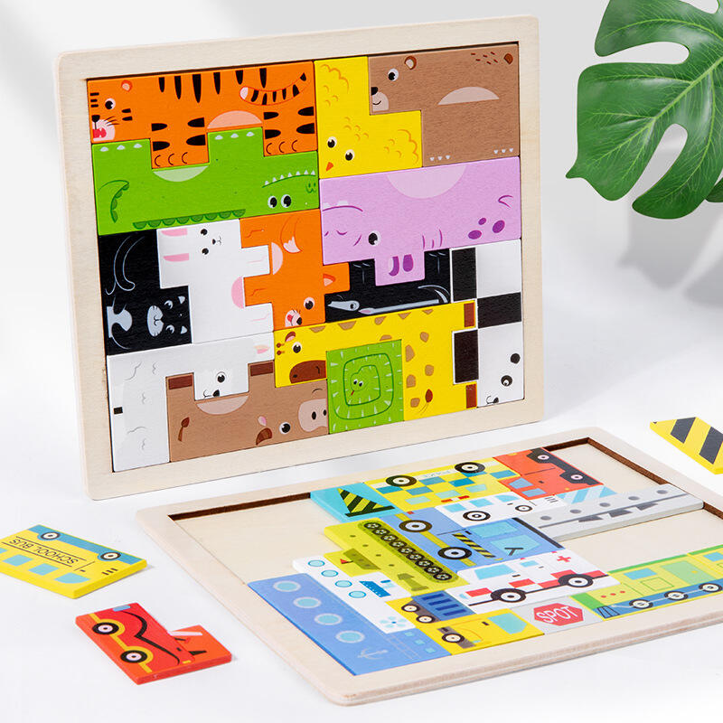 Kartun Hewan 3D Blok Kayu Puzzle Anak Kayu T-etris Mainan Pendidikan Puzzle Kayu Untuk Pembuatan Balita