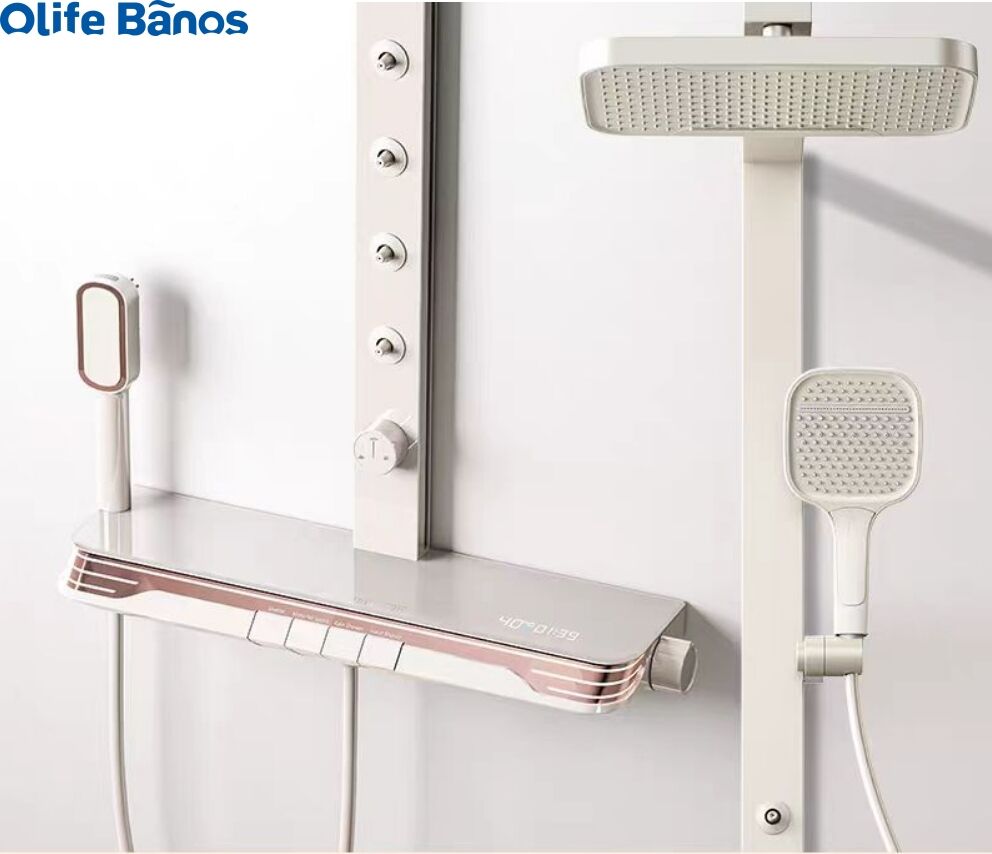 Olifebanos tiktok brass copper  bathroom white gunmetal back massager 5 function led light piano key thermostat shower set details