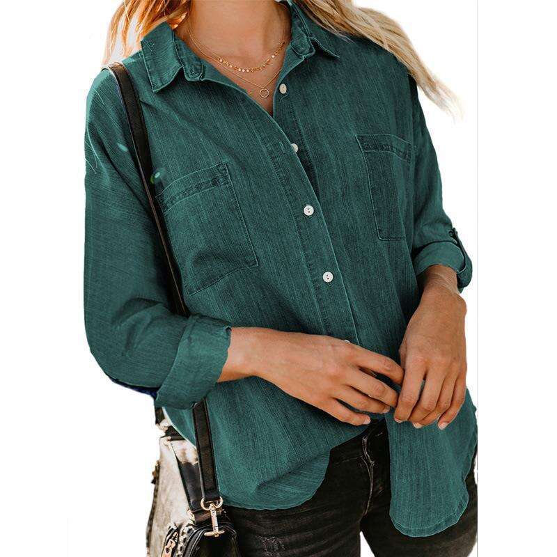 Denim Shirt for Women Collared Button Down Long Sleeve Jean Shirt Top Loose Lightweight Denim Jacket with Pockets supplier