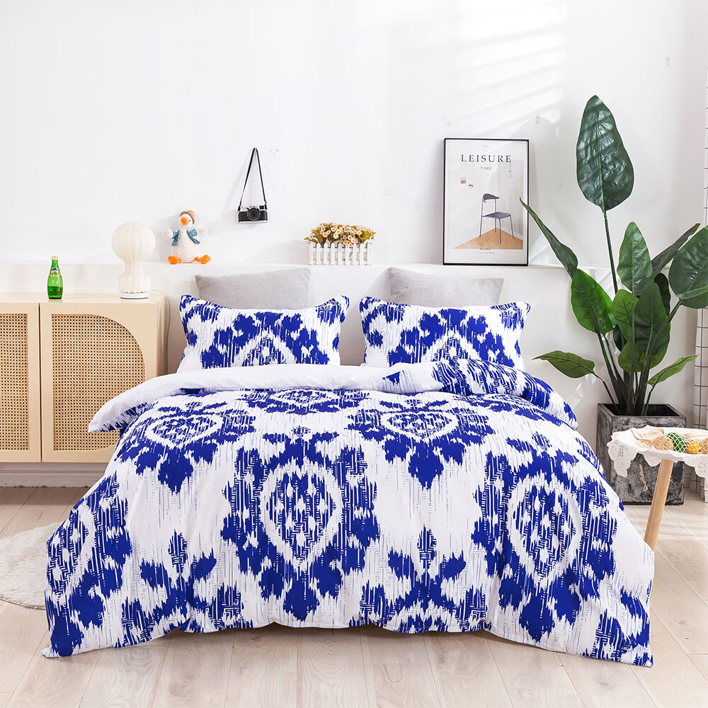 Cheap 3D design print custom bedding set anti wrinkle bedsheets blue and white quilt cover details