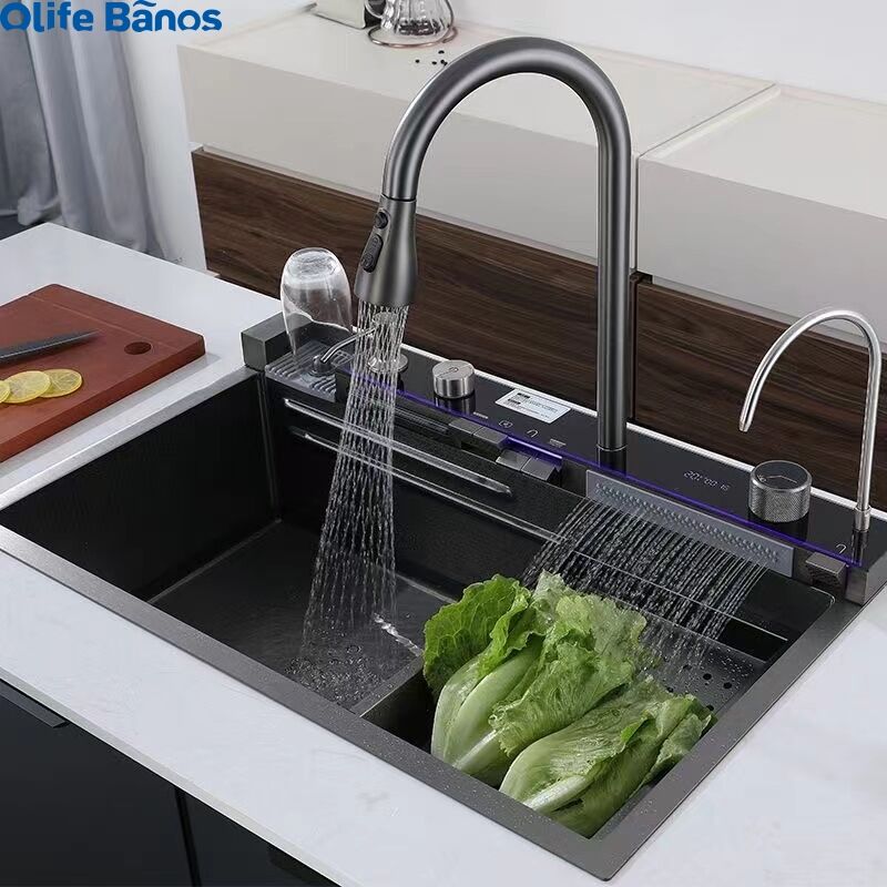 Tiktok  Trend 304 SS One Piece Piano Digital Display Two Waterfall Luminous LED Faucet Kitchen Sink With Honeycomb Surface details