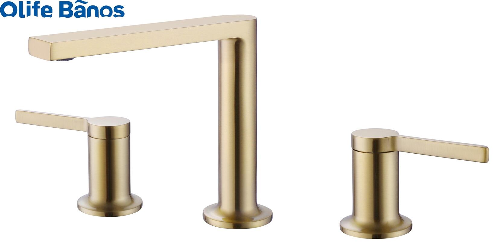 2023 Brushed Gold Finished Solid Brass Deck Mounted Hot and Cold Bathroom Basin Faucets Mixer supplier