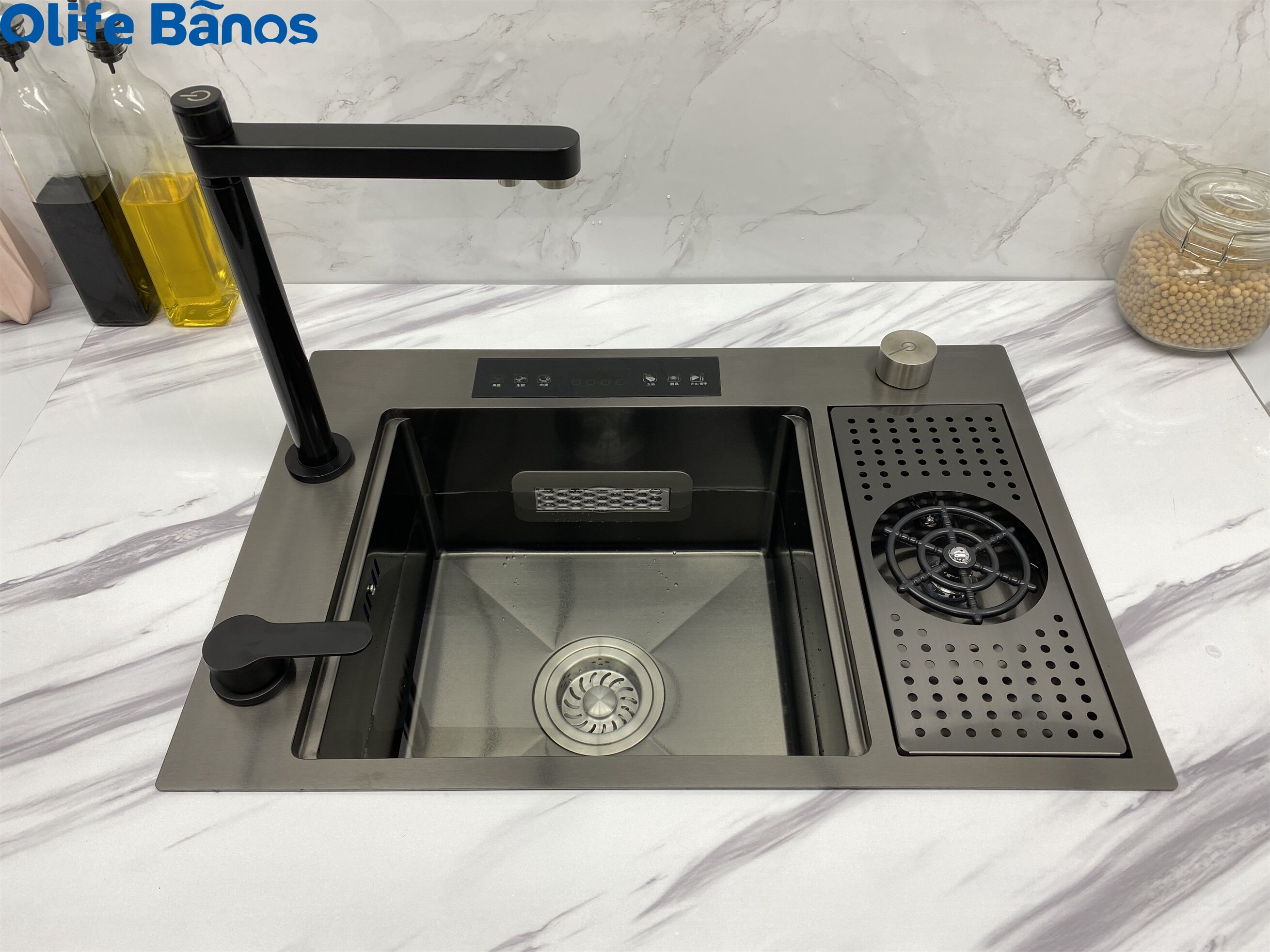 ultrasonic dual catalyst purification sink single bowl handmade 304 stainless steel hidden kitchen sink with glass rinser details