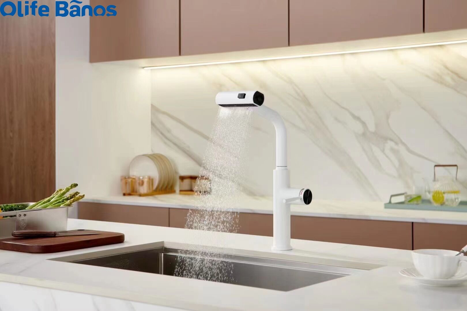 2023 Olife Banos New Pull Out Digital Temperature Display Waterfall 3 Ways Gunmetal White Kitchen Tap Mixer Faucet For Kitchen details