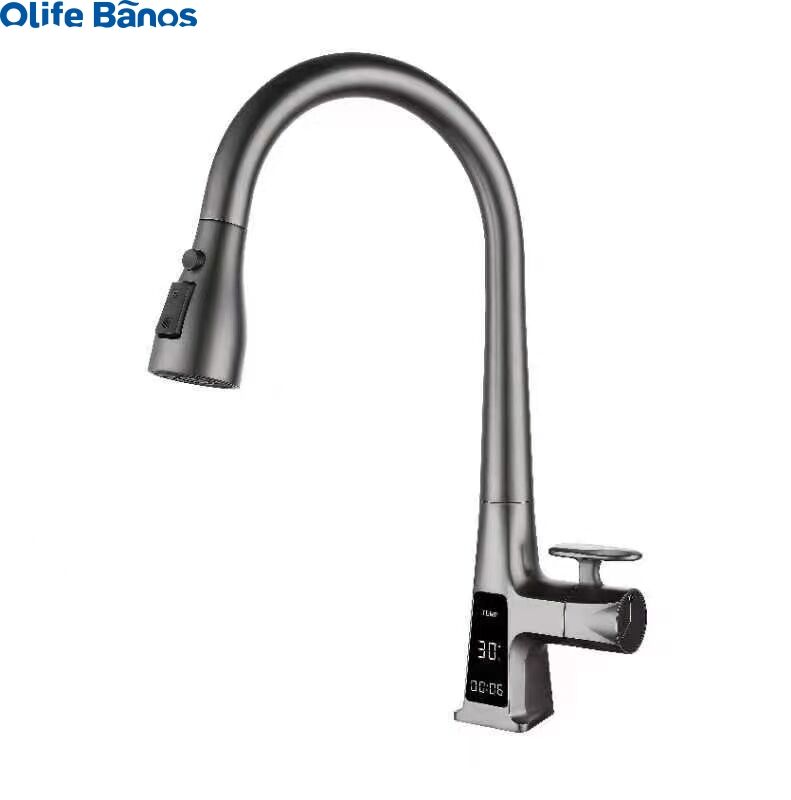 Olife Banos Pull Out  Kitchen Sink Faucet Digital Temperature  Display Hot Cold Gunmetal  Brass Kitchen Tap Mixer Faucet