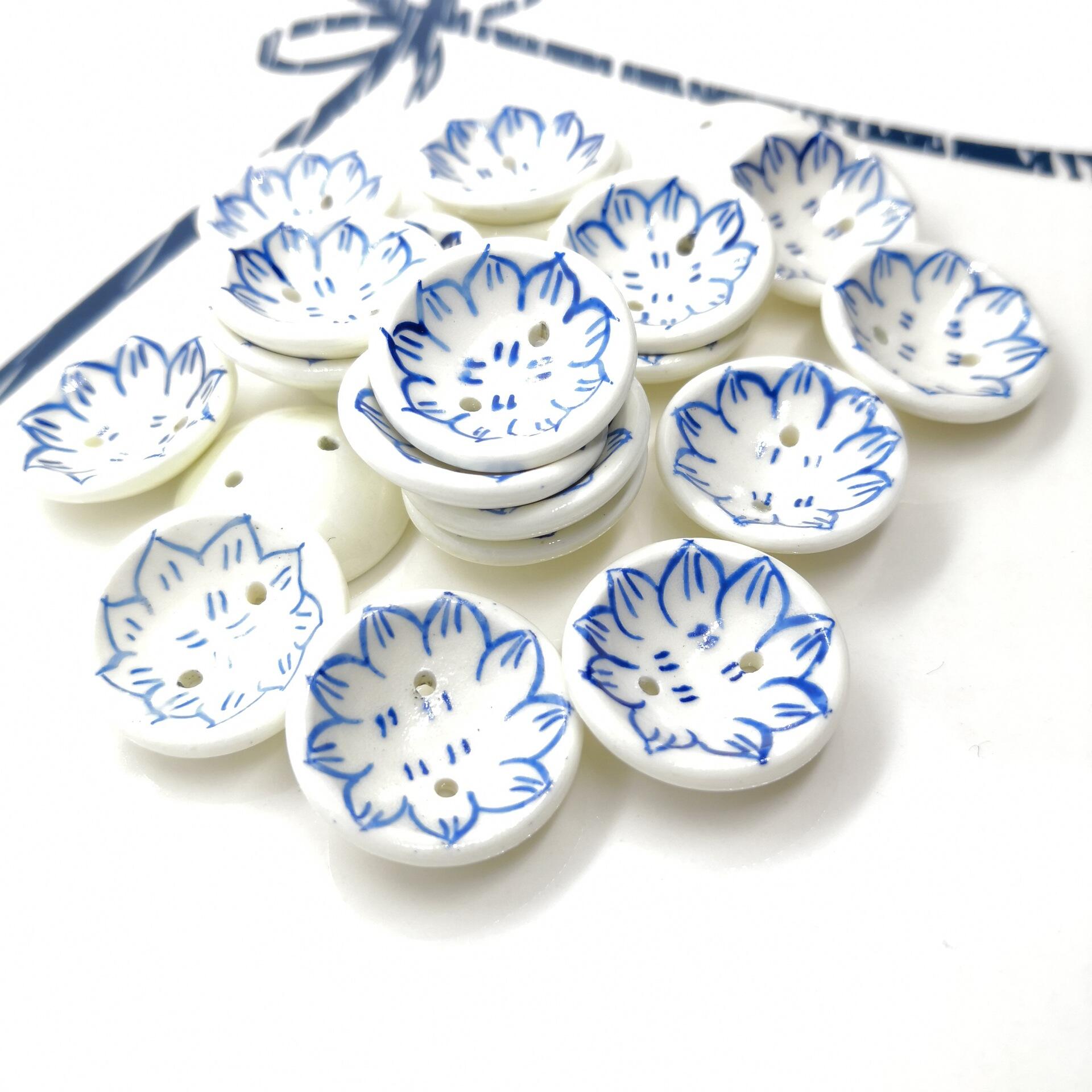 Hand Painted flower 2 holes Vintage blue and white porcelain Ceramic Button