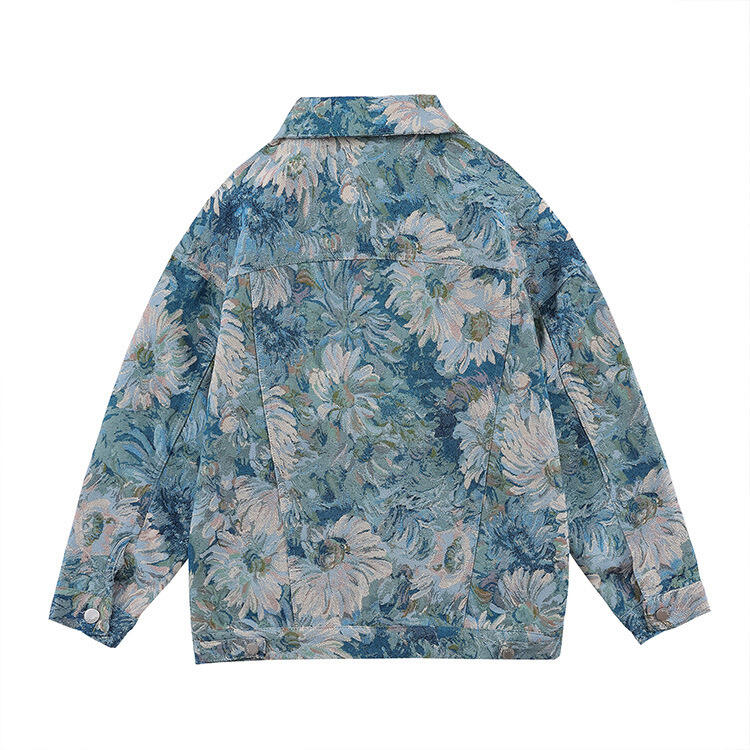 Custom Denim Jacquard Retro Flower Oil Painting Jacket Men's Loose Casual Couples Coats factory