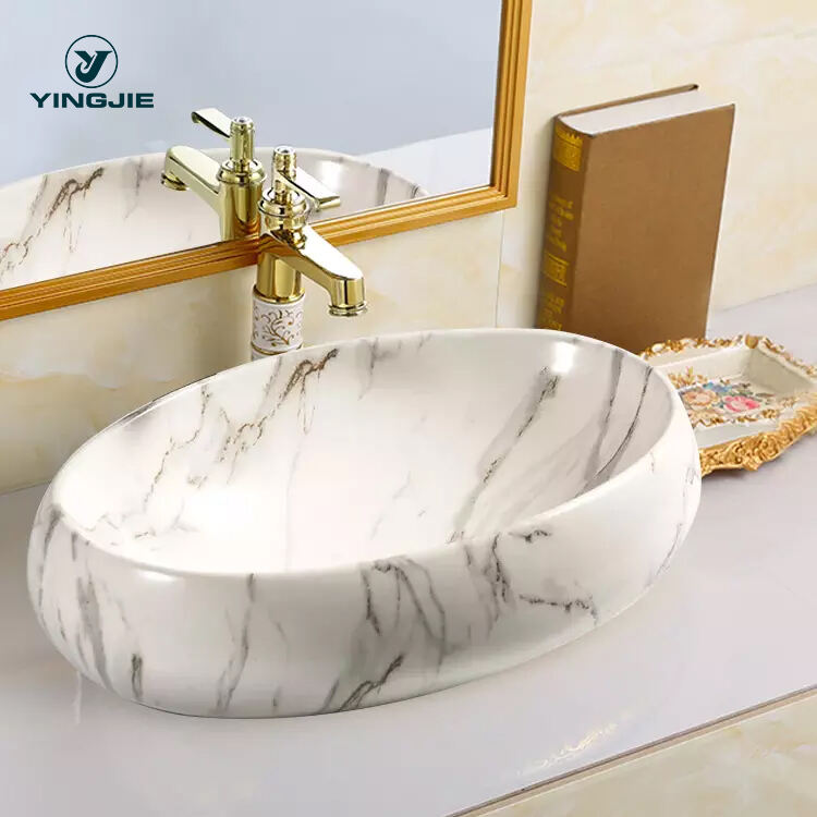 Bathroom Luxury Hotel Vanity Basin Porcelain Marble Look Ceramic Art Marble Wash Basin Countertop Vessel Sink