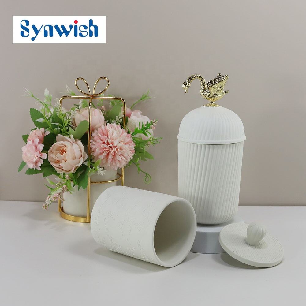 Design Empty White Luxury Embossed Ceramic Candle Jars Containers With Metal Swan Lid Unique Ceramic Reed Diffuser Vessels