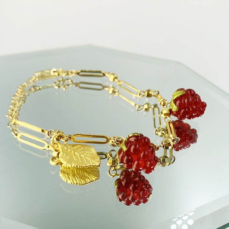 Fashion Women Glass 18k Gold Plated Stainless Steel Fruit Raspberry Glass Pendant Bracelet Necklace Jewelry factory