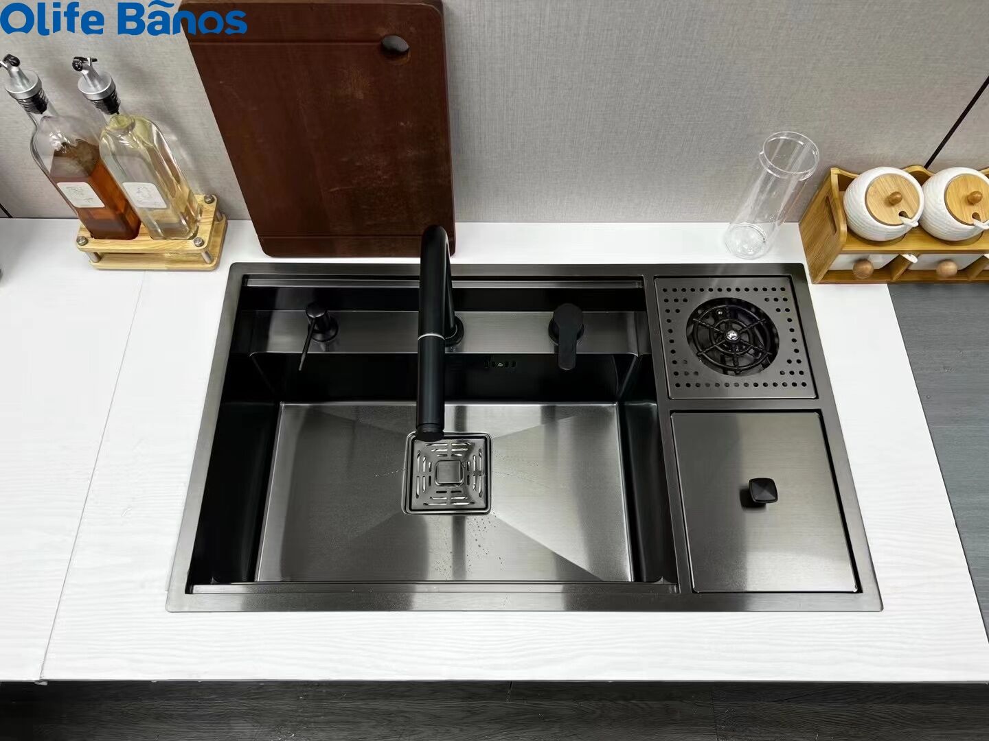 Tiktok trend sink stainless steel 304 black kitchen household hidden single sink with cup washer  trash can supplier