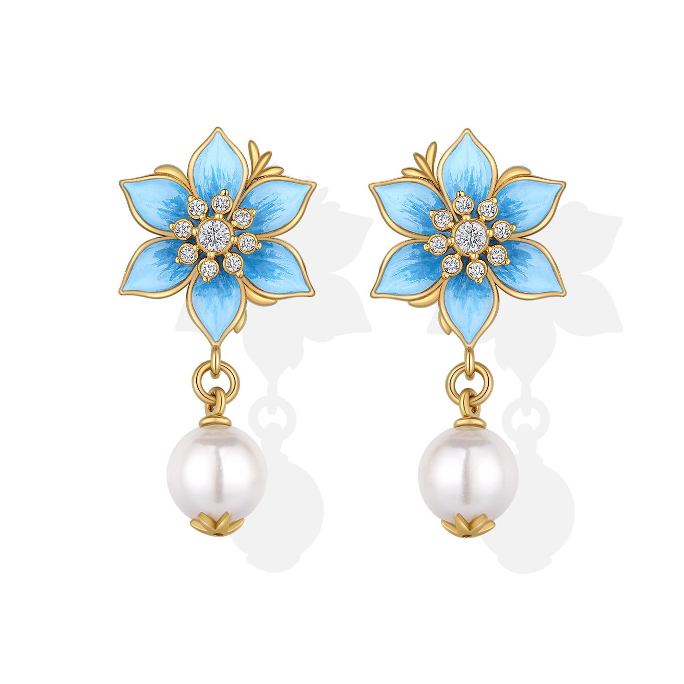 18k gold plating blue flower design stud earring with pearl inlay