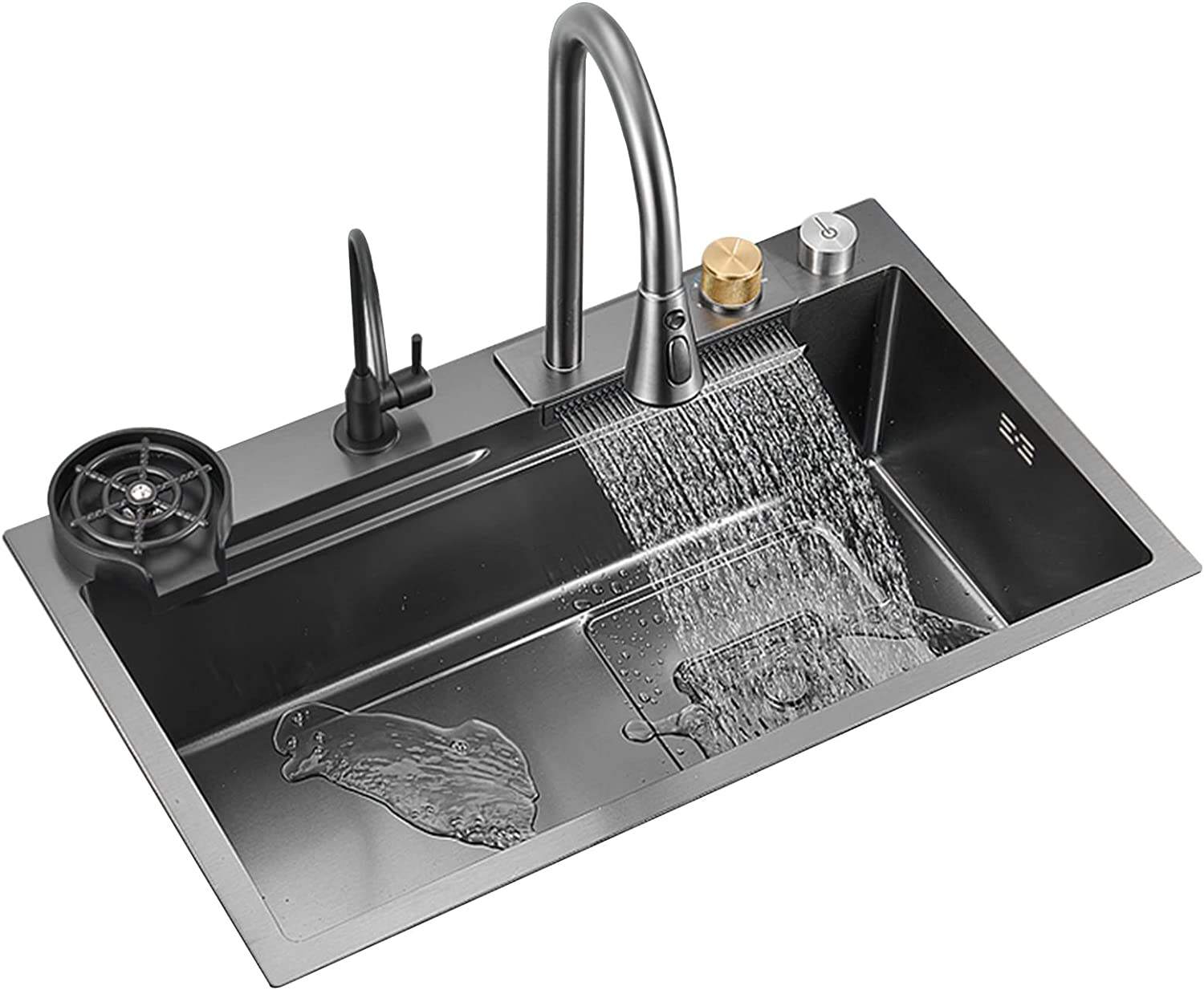 32 Inch  Black  Faucet Stainless Steel Sink  Waterfall Spout Large Single Bowl Kitchen Sink With  Auto Drainage