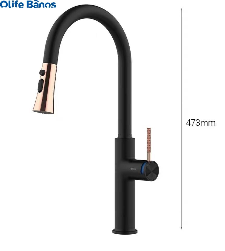 2023 Kitchen pull-out telescopic faucet hot and cold water tank mixing valve black gold kitchen faucet with broom head details