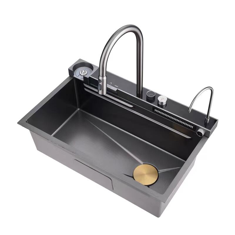 Olife Banos Kitchen Sink with Waterfall Faucet Stainless Steel Large Single Slot Bionic Honeycomb Black Wash Basin details