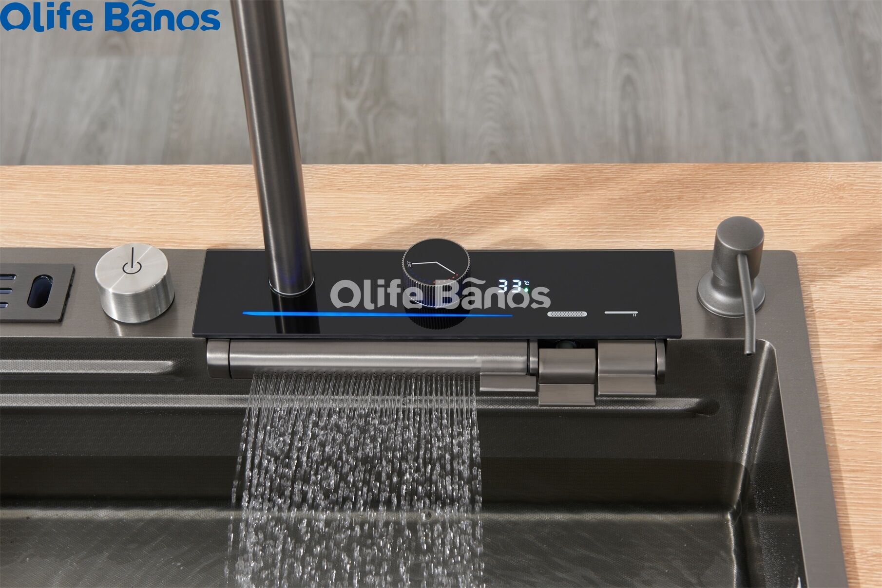 Olife Banos Tiktok Trend SUS 304 Led Digital Display Waterfall Faucet Bionic Honeycomb  Kitchen Sink With Cup Washer manufacture