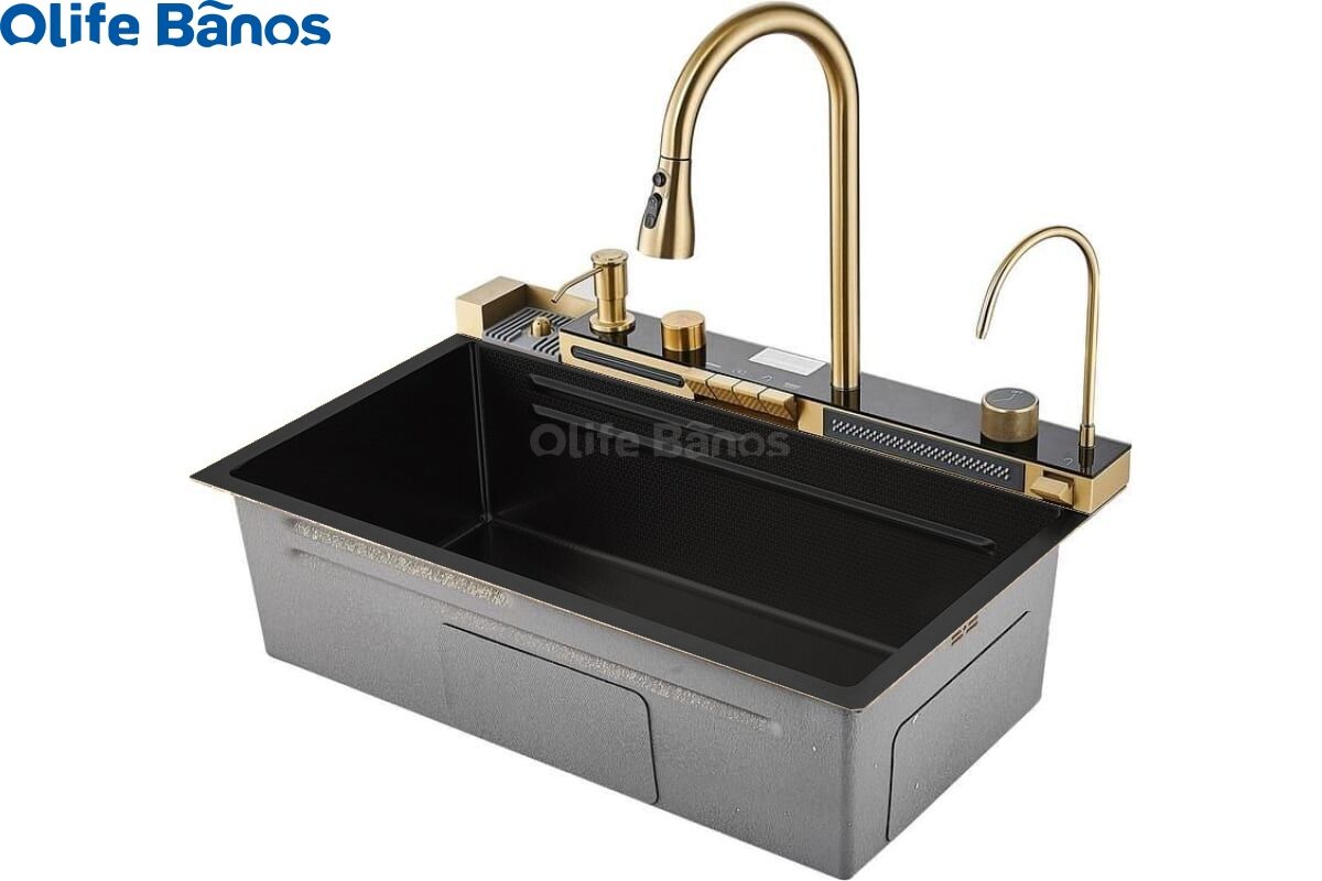 Tiktok  Trend Golden Tap Black Sink Nano SUS 304  Automatic Cup Washer Piano Digital Display Two Waterfall Faucet Kitchen Sinks supplier