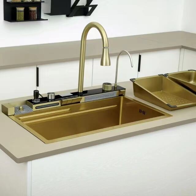 Tiktok hot sale  2 waterfall faucet 304 stainless steel piano key digital led kitchen sink luxury gold ceramic kitchen sink manufacture