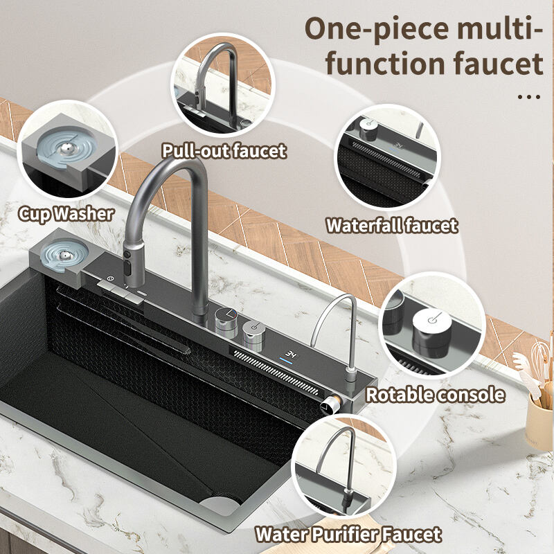 Olife Banos Kitchen Sink with Waterfall Faucet Stainless Steel Large Single Slot Bionic Honeycomb Black Wash Basin supplier