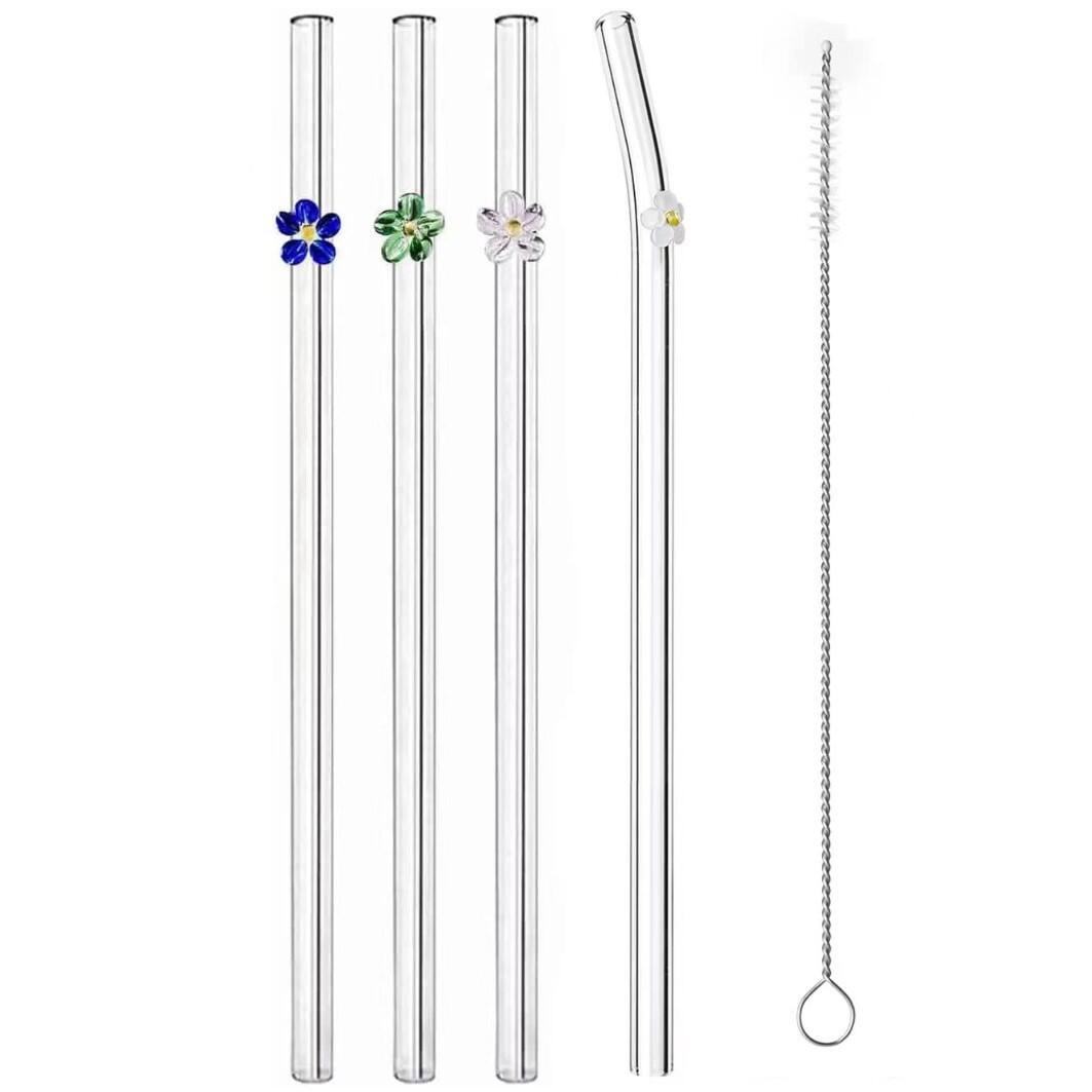 Custom Eco Friendly Reusable Colorful Flower Design Borosilicate Clear Straight Glass Drinking Straw supplier