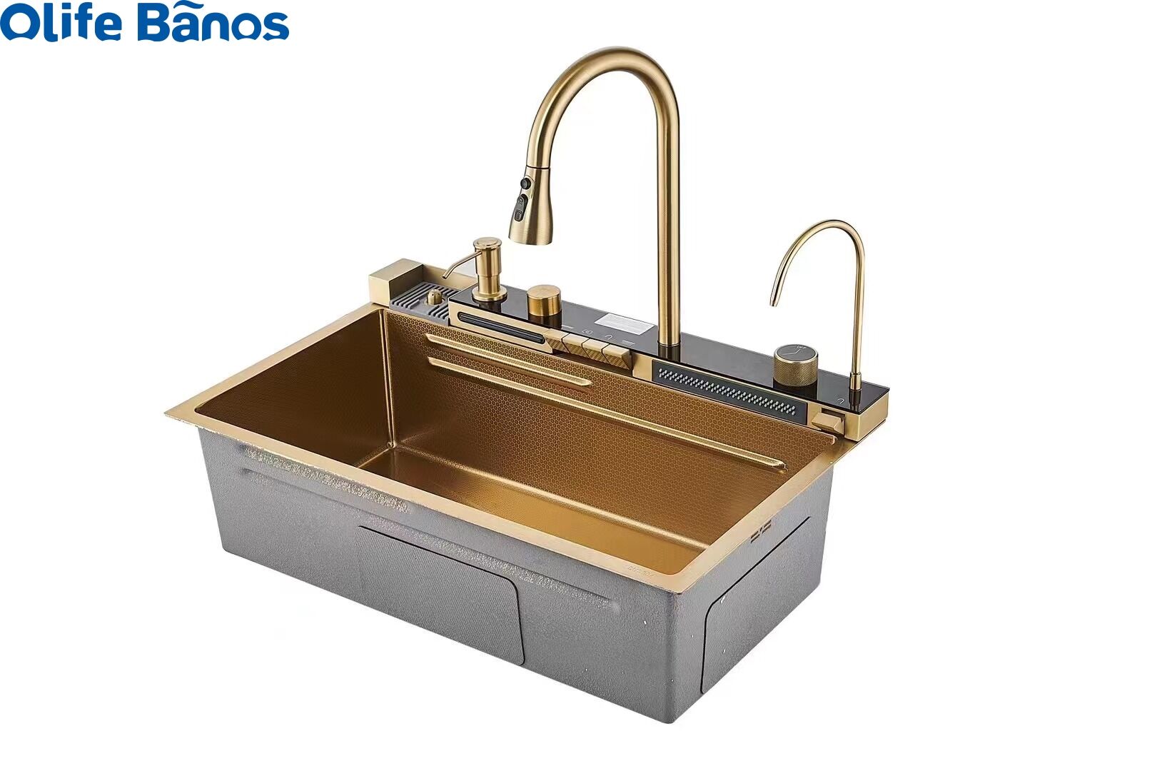 Tiktok hot sale  2 waterfall faucet 304 stainless steel piano key digital led kitchen sink luxury gold ceramic kitchen sink details