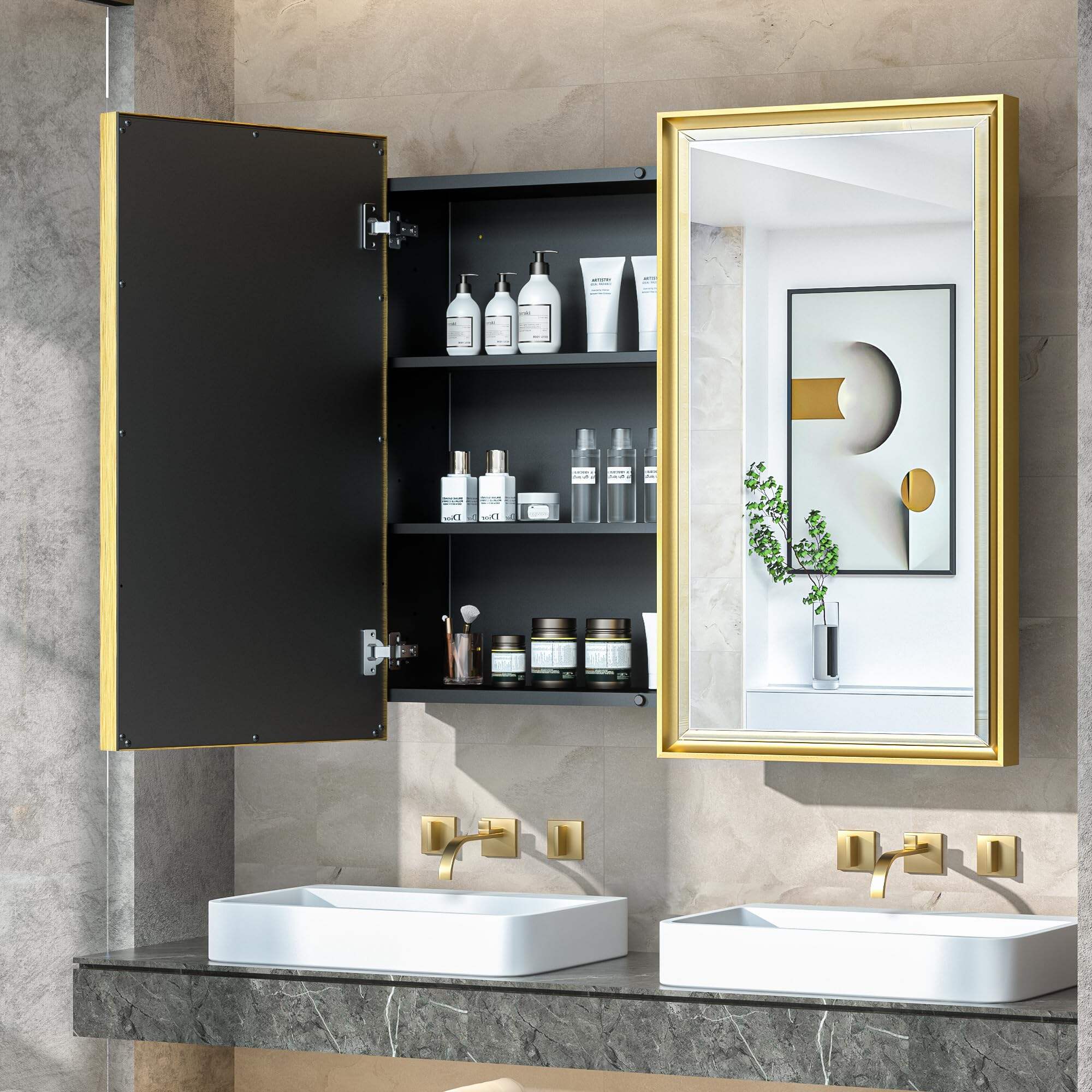 JJGullit fornitore di specchi da bagno 36x32 Armadietto dei medicinali Specchio da toeletta da bagno con cornice in metallo dorato da incasso o da superficie montato a parete con bordi smussati in lega di alluminio Design 2 ante per la fattoria moderna