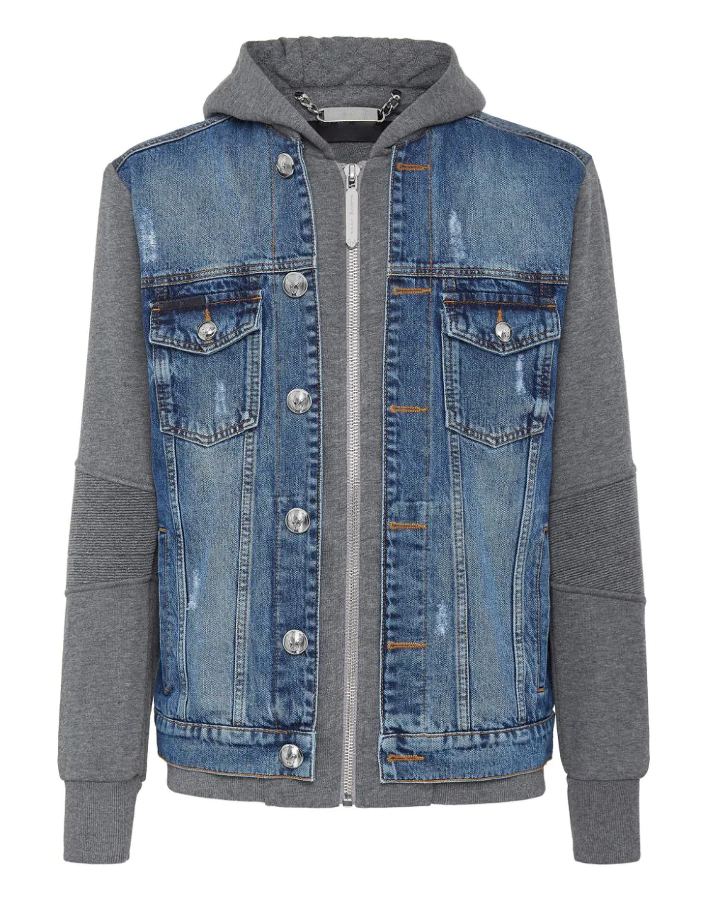 Wholesale Custom Logo Vintage Men's Casual Cotton Patchwork Long Sleeve Hooded Single Breasted Denim Men's Jacket details