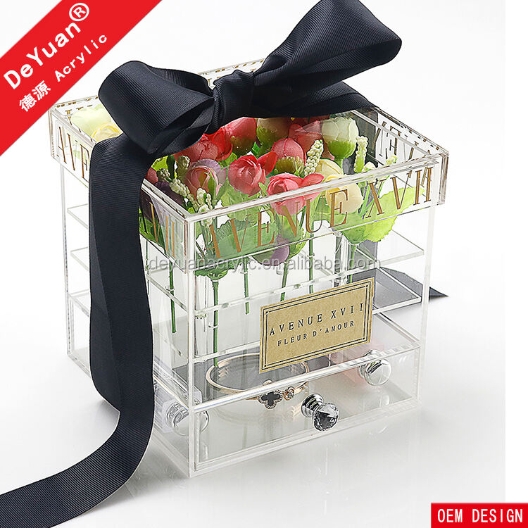 Clear Acrylic Flower Box For 9 Roses Display With Drawer