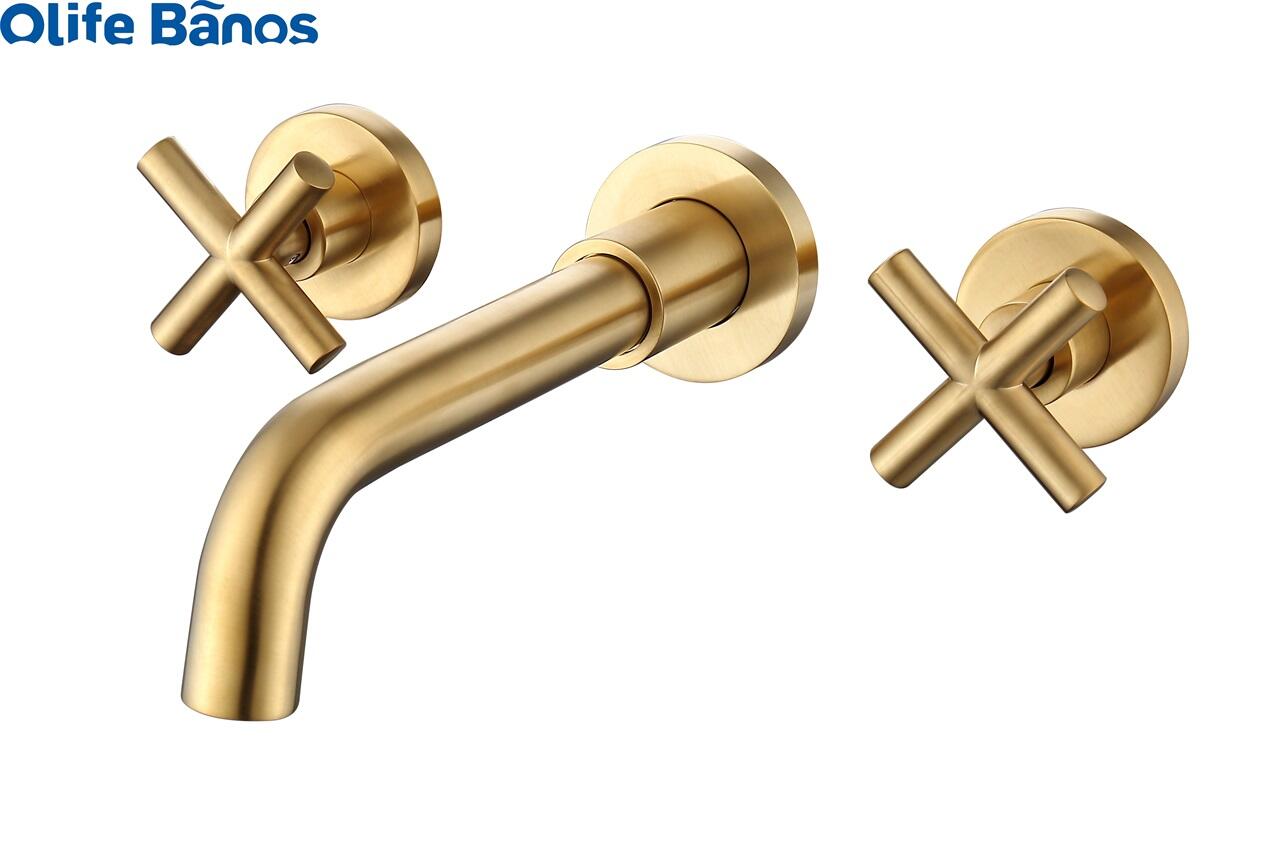 Guangdong Bathroom 3 Hole Old Wall Mount Bathroom Basin Taps concealed brushed gold basin mixer Hot and Cold faucet factory