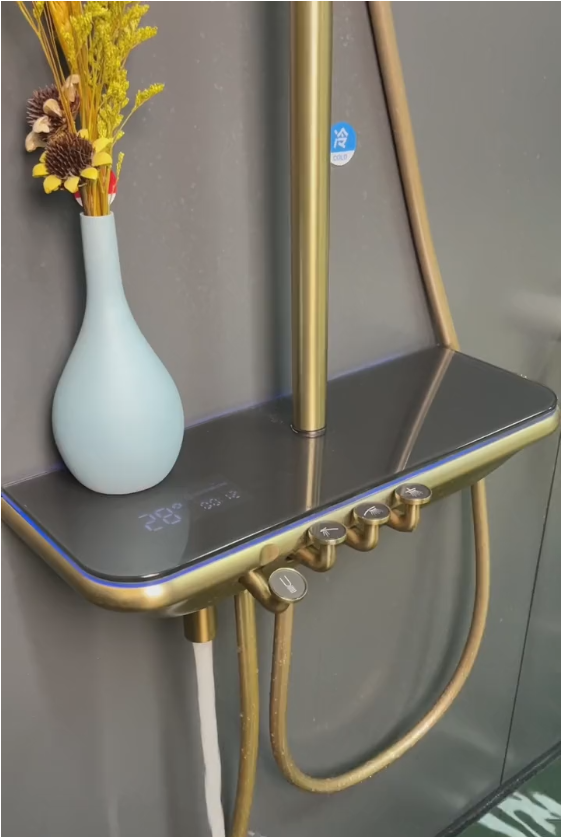 Olife Banos  new design bathroom thermostat gold gunmetal white color  led light big shelf piano key shower faucet system set supplier